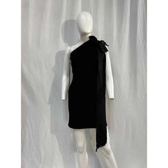 Az Factory Mybody Black Viscose One-Shoulder Bow-Detailed Stretch-Knit Mini - Picture 1 of 4